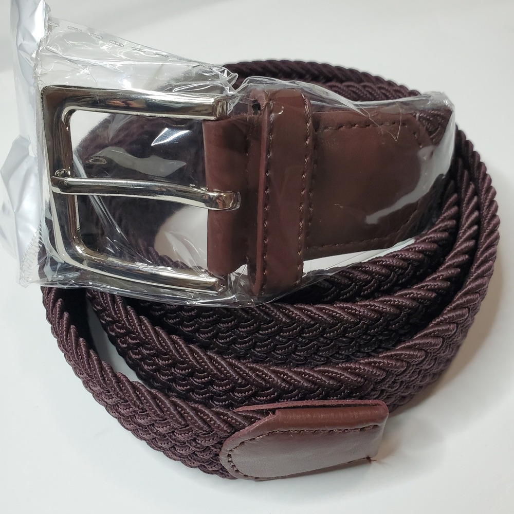 Unbranded Burgundy Brown Braided Elastic Stretch Belt Silver Buckle 54 Inch